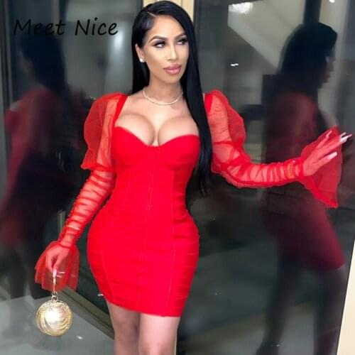 Sexy Autumn Dress Women Black Red Flare Sleeve Dress Mesh Bodycon Dresses Celebrity Evening Party Dress