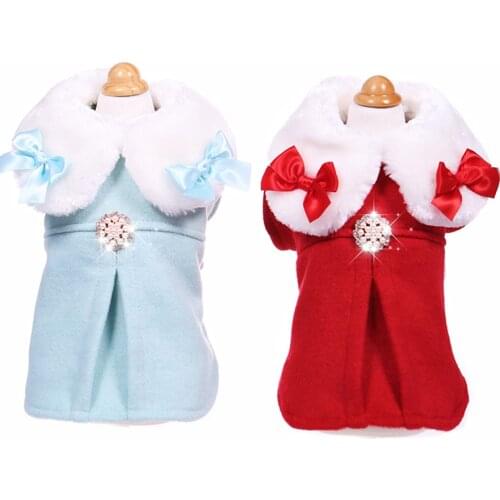 Luxury Pet Dog Clothes Winter Wool Coat Fashion Woolen Overcoats Cat Clothing With Bows Pearl Detailing Red Blue