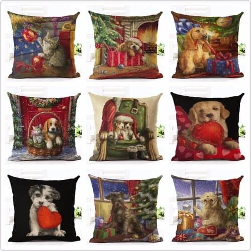 Christmas Style Cartoon Colorful Cute Dog sled Print Cushion Cover Decor Cojines Seat Throw Pillow Printed Cotton Linen Square