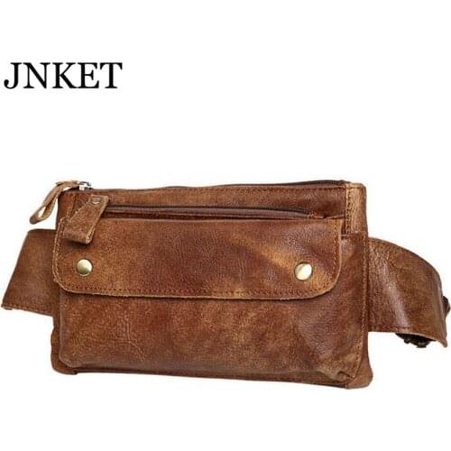 JNKET New Retro Mens Cowhide Waist Bag Chest Bag Messenger Bags Multifunctional Waist Pouch Leisure Waist Pack