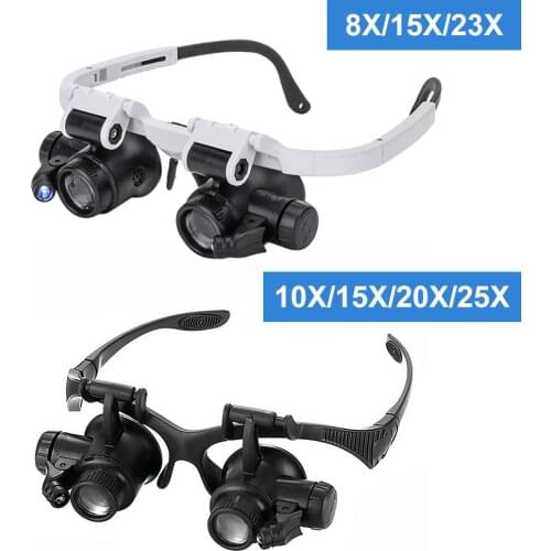 Magnifier Glasses with Light 8X/10X/15X/20X/23X//25X Lens Observation Wearing Magnifying Glasses for Reading Repair Watch