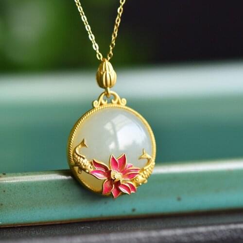 Vintage Necklace Inlay Round Hetian Jade Stone Enamel Flower Goldfish Pendant Unique Jewelry For Women Wedding Anniversary Gift