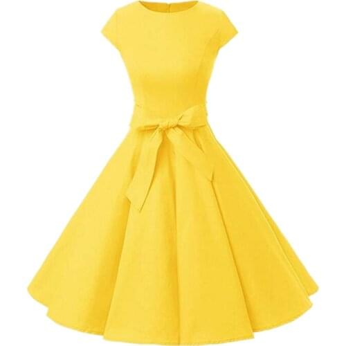Yellow O-Neck Womens Dress Vintage 1950S Cap Sleeve Summer Rockabilly Swing Cocktail Party Dress