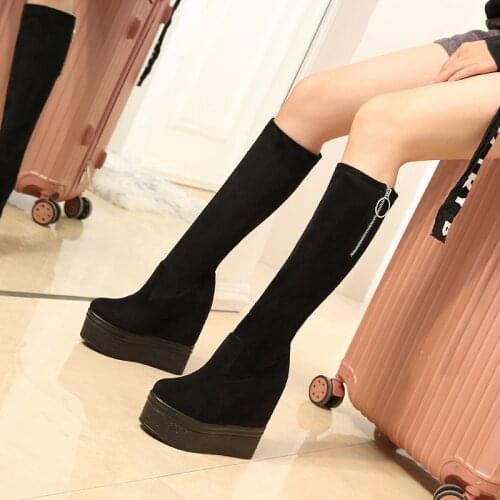 Winter Increases Heel Womens Ankle Boots Thick Bottom Wedges 13cm High Heel Platform Shoes Black Martin Boots Female