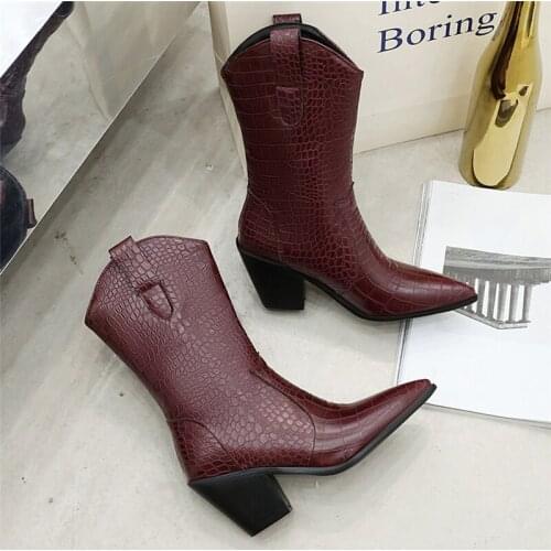 2020 Plus Size Casual Women Wedges Block High Heels Mid Calf Boots New Winter Western Cowboy Boots Vintage Boots Designer Shoes