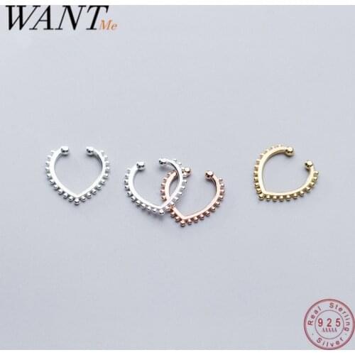 WANTME Real 100% 925 Sterling Silver Love Heart Round Bead Ear Bone Clip Ear Cuffs for Women Without Piercing Earrings Jewelry