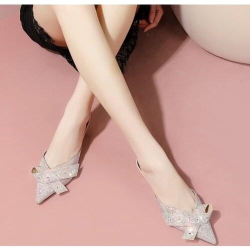 Square heel High heel slippers women 2021 spring summer shoes women Fashion Wild Baotou Gingham Microfiber Casual ladies shoes