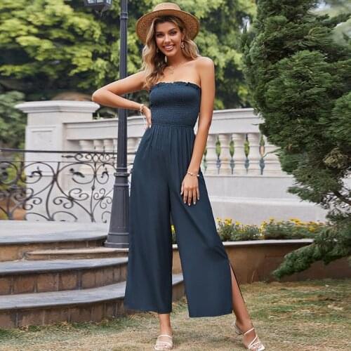 2021 summer new womens jumpsuit fashion solid color high waist pleated tube top open back ladies jumpsuit