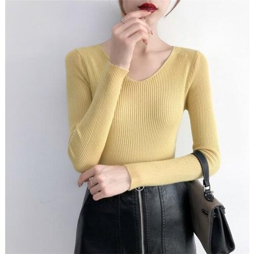 Womens Sweater New Spring and Autumn Korean Slim Bottoming V-neck Long Sleeve Sweater Female Knit Pullovers Top NS1361