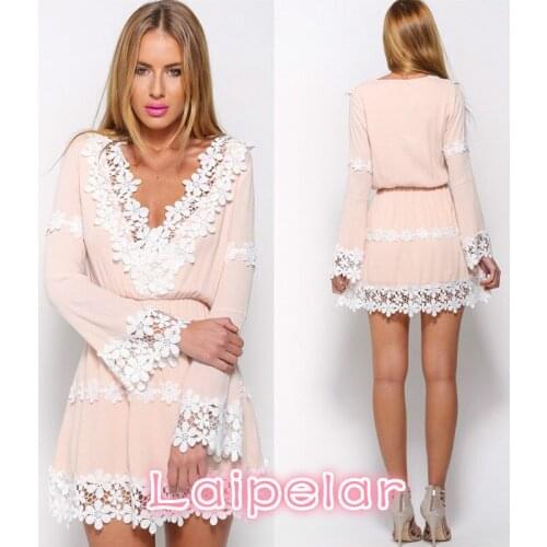 Autumn New Lady Summer Sexy Vestidos V-neck Lace Ruffles Floral Dresses Party women Mini Dress Cute Ruffles Dresses A190242