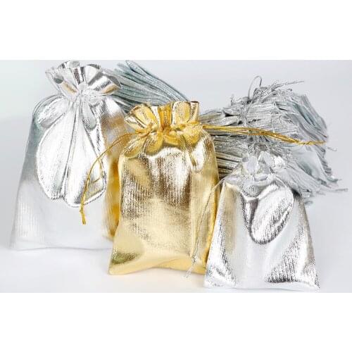 10pcs Silver Gold Color Metallic Foil Organza Pouches Christmas Wedding Party Favour Gifts Candy Bags 7x9/9x12/10x15/13x18cm