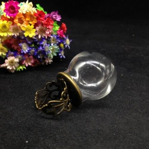 5sets/lot 30*20mm clear big wishing bottle ring with bronze plated flower tray adjusted ring glass vial ring glass globe bubble