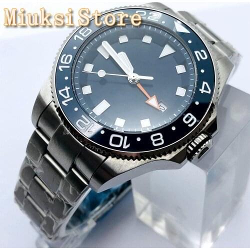 BLIGER 43mm Mens Top GMT Mechanical Watch Sapphire Glass Ceramic Bezel Blue Sterile Dial Luminous Mens Automatic Watch