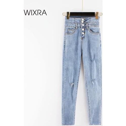 Wixra Skinny Jeans Pants Female High Waist Button Hole Denim Pencil Bottons Womens Street Summer Autumn