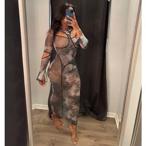 RMSFE 2021 Hot sale Ladies Autumn Winter Perspective Horn Sleeve Print Long Sleeve Round Neck Fashion Sexy Nightclub Dress