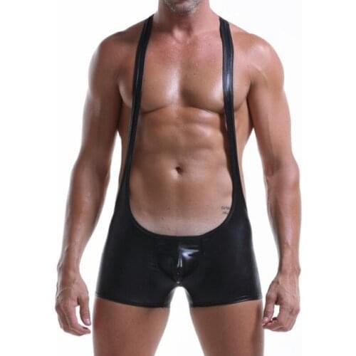 PU Leather Sexy Lingerie Bodysuit Men Penis Pouch Backless One Piece Jumpsuit Wrestling Jockstrap Briefs Guy Bondage Underwear