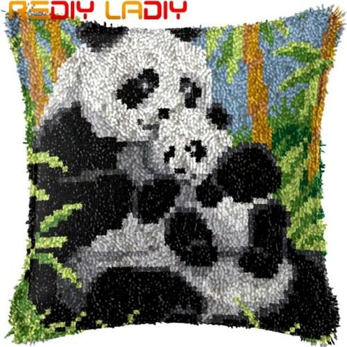 Latch Hook Cushion Panda Mother Love Pillow Case Printed Color Canvas Acrylic Yarn Latched Hook Pillow Crochet Cushion Cover Kit