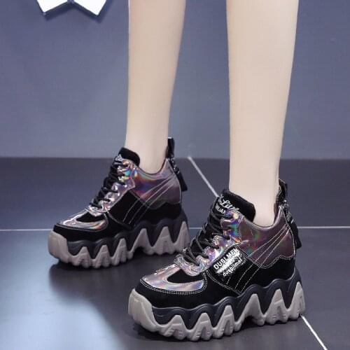 Lucyever Laser PU Leather Ankle Boots for Women Autumn Winter Platform Shoes Woman Lace Up Height Inreasing Booties Sneakers