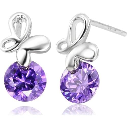 Cute 925 Sterling Silver Butterfly w/ Round Purple CZ Stud Earrings For Women Children Girls Kids Jewellery Gift Orecchini Aros