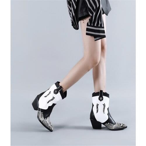 Fashion Snake Skin Pu Western Boots Women Cowboy Ankle Boot Female High Heels Shoes Ladies Pointed Toe Shoes Women Winter botas