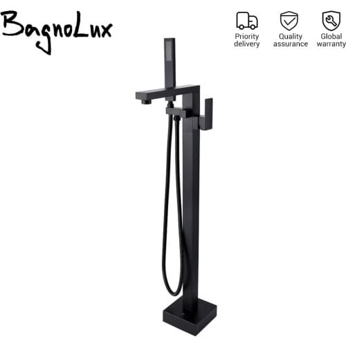 Bagnolux Wholesale Matte Black Square Freestanding Bath Spout Shower Faucet Mixer Tap Floor Mounted Single HandleBathtub Filler