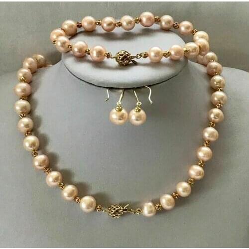 Stunning 9-10mm south sea pink pearl necklace +bracelet+earrings