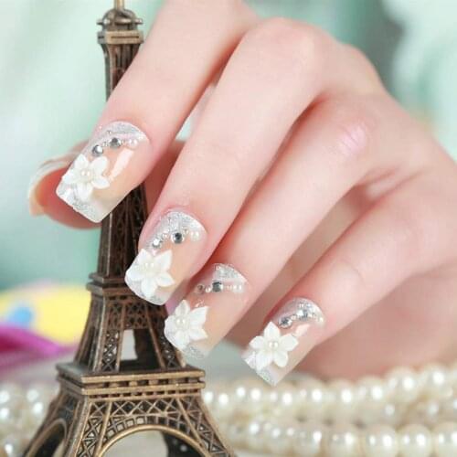 Dropshipping 24 Pcs/ Set False Nails Rhinestones Crystal 3D Design Acrylic False Nail Tips Wedding Bridal Finger Nail Tips SMJ