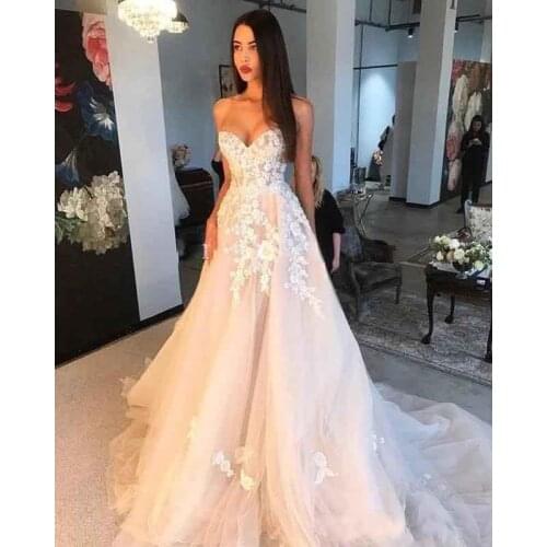 Blush Pink Wedding Dresses A Line Sweetheart Appliqued Lace Floor Length 2020 Beach Country wedding Dresses Vestido