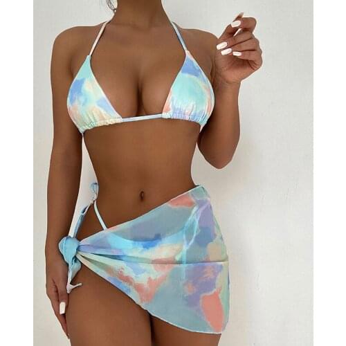 Sexy Tie Dye Halter Brazilian Bikini Female Swimsuit Women Swimwear Three-pieces Bikini set Sarong Beachwear Bathing Suit Swim