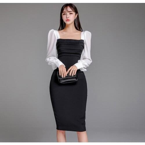 Chiffon Patchwork Black Korean Dress Ladies Lantern Sleeve Bodycon Wrap Dress Women Autumn Winter Sheath Midi Dress Plus Size