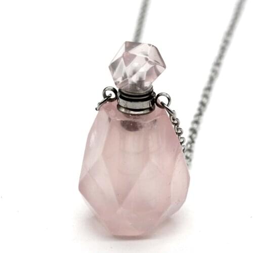Trendy-beads Stainless Steel Natural Rose Pink Quartz Pendant Perfume Bottle Necklace For Women Jewelry