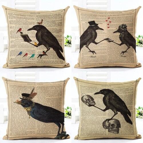 Vintage Style Throw Pillow Cushion Home Decor Couch Newspaper With Bird Printed Linen Cushion Square Cojines Almofadas