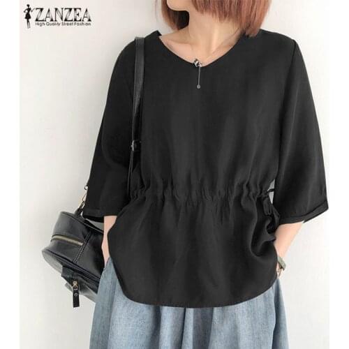 Summer V Neck 3/4 Sleeve Blouse ZANZEA 2021 Women Elegant Work Shirt Casual Solid Drawstring Tops Female Blusas Chemise Tunic