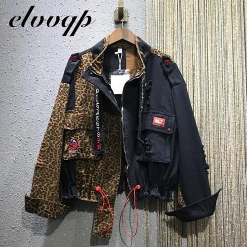 High Quality Leopard Print Patchwork Women Denim Jacket Short Coat Pocket Sequins Fashion Jacket Streetwear Loose Jeans Coat