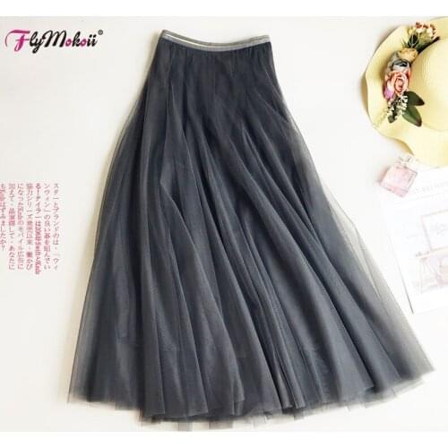 Spring Summer Casual Black Elastic High Waist Mesh Skirts A Line Fashion Women Two Layers Long Midi Pleated Tulle Skirt