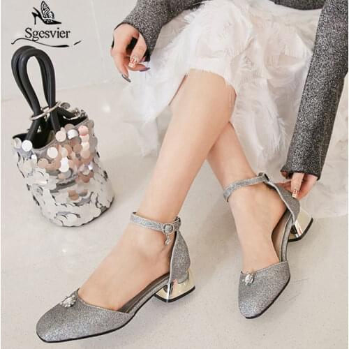 SGESVIER New Style Women Sandals Ladies Square Toe Thick Heel Office Ladies 2020 Summer Shoes Ankle Buckle Casual Shoes Size 48