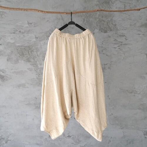 Johnature Women Cross-Pants Cotton Vintage Elastic Waist Trouser Loose 2021 Spring 6 Colors Pockets Ankle-Length Casual Pants