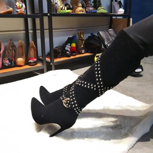 Women Thigh Knee High Boots Sexy Studded Stiletto Heels Female Stretch Pointed Toe Black Club Wear Shoes Woman Big Size 46 47