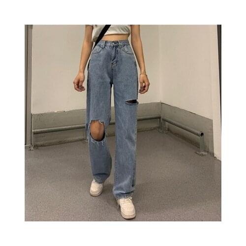 2021Light Blue Denim Trousers Retro Wide-leg pants womens Ripped Trousers High Waist Casual Jeans Women