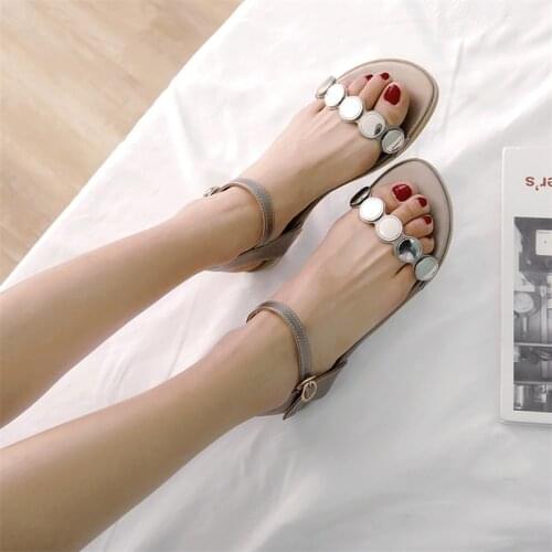 2021 New Fashion Punk Metal Decoration Women Sandals Genuine Leather Buckle Round Toe High Heels Comfortable Single Shoes Woman