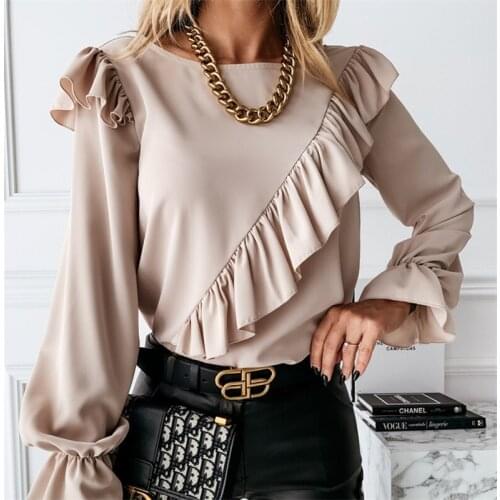 2021 Womens Tops and Blouses Elegant Long Sleeve Ruffles OL Shirt Ladies Office Lady chemise femme Party Club Streetwear