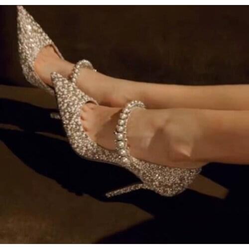 New Women Stiletto Wedding Shoes Bridal High Heels Female Wild Pointed Rhinestone Crystal Pumps