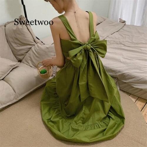 Stylish Summer Spaghetti Strap Sweet Solid Loose Sleeveless Bow Fashion Women Casual All Match Strapless Long Dress Green White