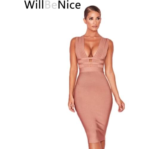 WillBeNice Women Hollow Cut Out Bandage Dress 2019 New Sexy Deep V-Neck Sleeveless Bodycon Club White Evening Party Dress