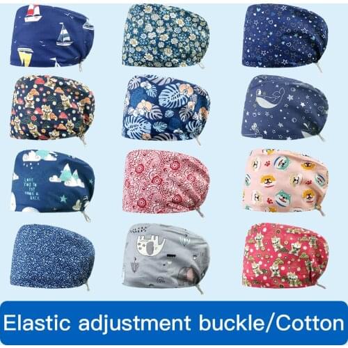 100%Cotton scrubs hat pet beauty work hat printing dust-proof working cap pet shop scrubs women work caps with Adjustable buckle