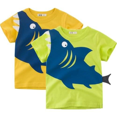 2-9 Y Summer Boys Girls Cartoon Shark Green Yellow T-shirts Kids Costume Cotton Children Short Sleeve Tops Boy girl Tees Clothes