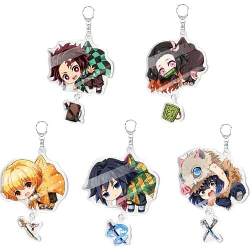 Anime Demon Slayer Acrylic Keychain Cute Brinco Blade Of Ghost Key Chain Kamado Tanjirou Cosplay Pompom Yaiba Keyring Pendant