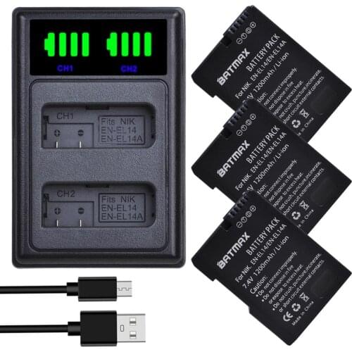 Batmax EN-EL14 EN-EL14a Camera Battery+LED USB Dual Charger for Nikon P7800,P7100,D3400,D5500,D5300,D5200,D3200,D3300,MH-24