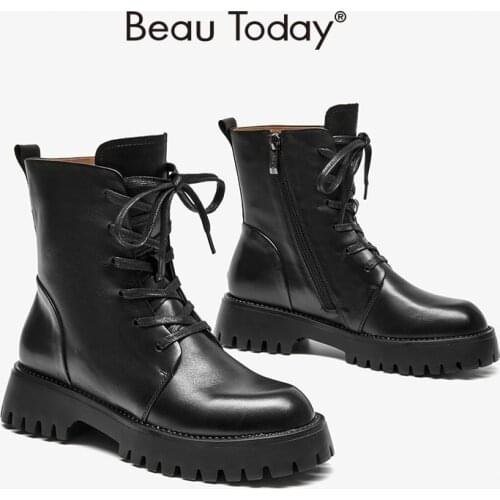 BeauToday Ankle Boots Platform Women Cow Leather Round Toe Side Zip Lace-Up Closure Ladies Thick Sole Shoes Handmade 04428