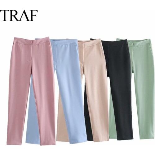 TRAF ZA Womens Pants Fashion Temperament Women High-waist Pocket Zipper Solid Color Wild Straight Elegant Commute Ladies Pants
